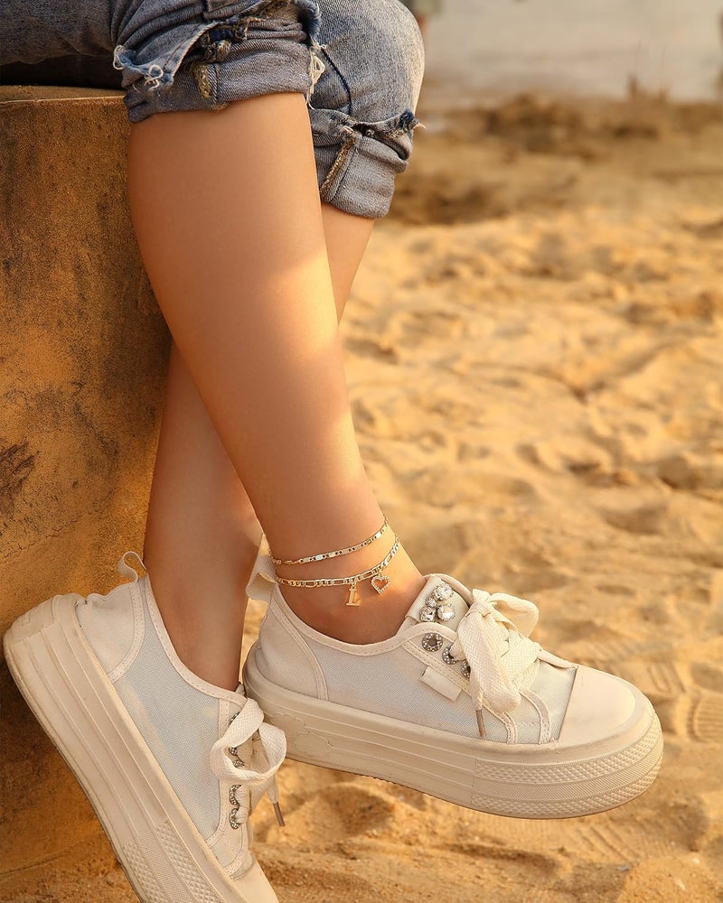 Wremily Initial Ankle Bracelets for Women Waterproof 14K Gold Plated Dainty Layered Figaro Chain Letter Initial CZ Heart Ankle Bracelets Set Summer Beach Jewelry for Women - Image 5